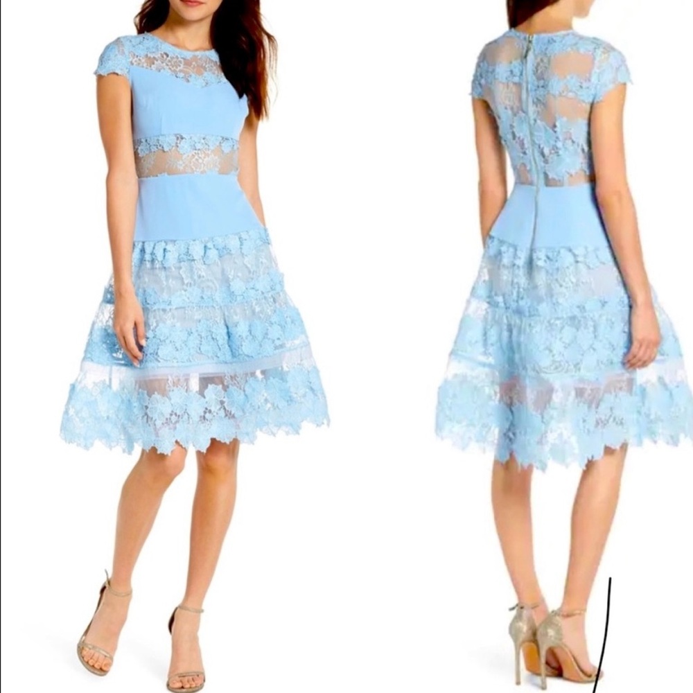 Bronx & Banco Powder Blue Lace Dress Flamenco Midi Sky and Medium 6 cap sleeves
